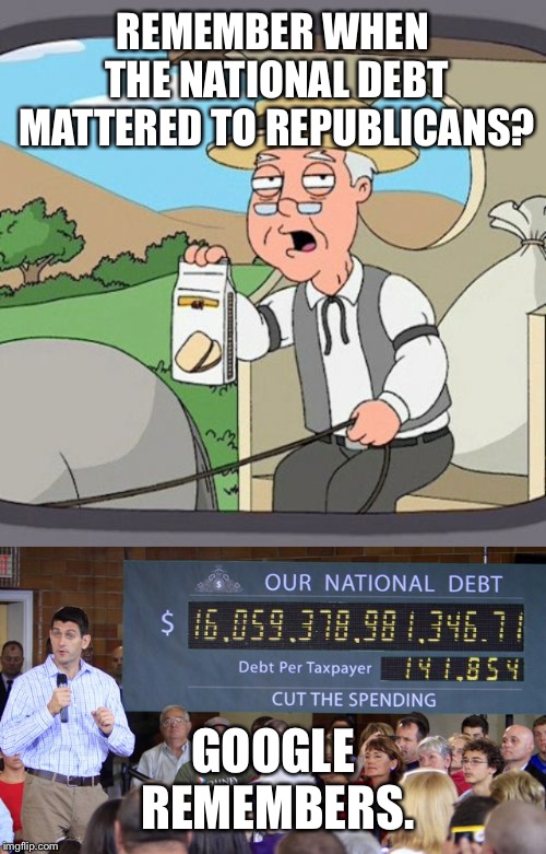 REMEMBER WHEN THE NATIONAL DEBT MATTERED TO REPUBLICANS? GOOGLE REMEMBERS. | image tagged in memes,pepperidge farm remembers | made w/ Imgflip meme maker