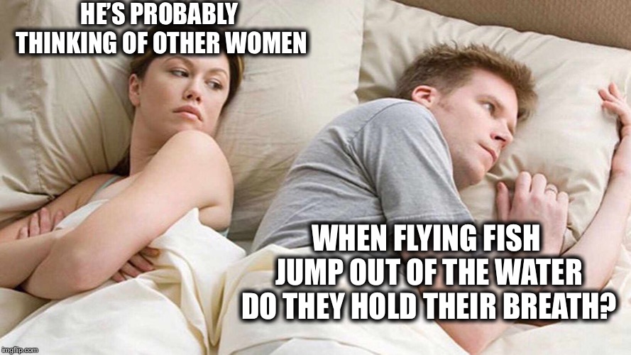 I Bet He's Thinking About Other Women Meme | HE’S PROBABLY THINKING OF OTHER WOMEN; WHEN FLYING FISH JUMP OUT OF THE WATER DO THEY HOLD THEIR BREATH? | image tagged in i bet he's thinking about other women,memes,funny | made w/ Imgflip meme maker