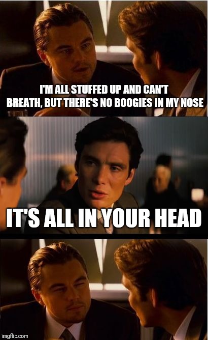 Inception Meme | I'M ALL STUFFED UP AND CAN'T BREATH, BUT THERE'S NO BOOGIES IN MY NOSE; IT'S ALL IN YOUR HEAD | image tagged in memes,inception | made w/ Imgflip meme maker