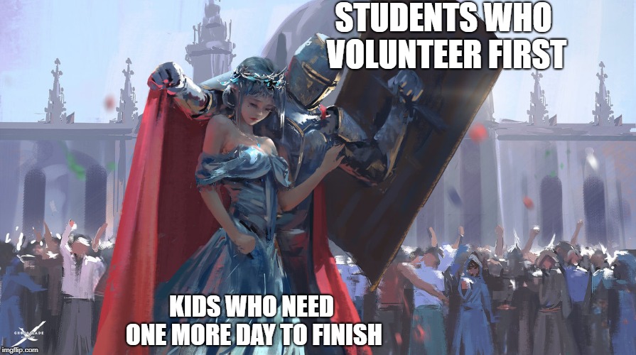 Knight Protecting Princess | STUDENTS WHO VOLUNTEER FIRST; KIDS WHO NEED ONE MORE DAY TO FINISH | image tagged in knight protecting princess | made w/ Imgflip meme maker
