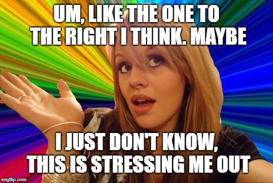 Dumb Blonde Meme | UM, LIKE THE ONE TO THE RIGHT I THINK. MAYBE I JUST DON'T KNOW, THIS IS STRESSING ME OUT | image tagged in memes,dumb blonde | made w/ Imgflip meme maker