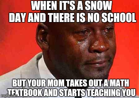 crying michael jordan | WHEN IT'S A SNOW DAY AND THERE IS NO SCHOOL; BUT YOUR MOM TAKES OUT A MATH TEXTBOOK AND STARTS TEACHING YOU | image tagged in crying michael jordan | made w/ Imgflip meme maker