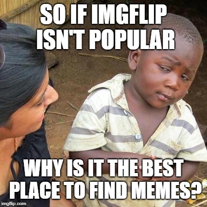 Third World Skeptical Kid | SO IF IMGFLIP ISN'T POPULAR; WHY IS IT THE BEST PLACE TO FIND MEMES? | image tagged in memes,third world skeptical kid | made w/ Imgflip meme maker