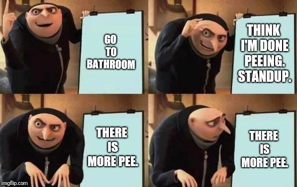 Gru's Plan Meme | GO TO BATHROOM; THINK I'M DONE PEEING. STANDUP. THERE IS MORE PEE. THERE IS MORE PEE. | image tagged in gru's plan | made w/ Imgflip meme maker