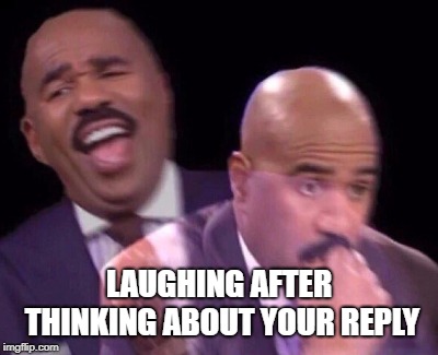 Steve Harvey Laughing Serious | LAUGHING AFTER THINKING ABOUT YOUR REPLY | image tagged in steve harvey laughing serious | made w/ Imgflip meme maker