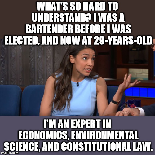 And this is who the Democrats are following. | WHAT'S SO HARD TO UNDERSTAND? I WAS A BARTENDER BEFORE I WAS ELECTED, AND NOW AT 29-YEARS-OLD; I'M AN EXPERT IN ECONOMICS, ENVIRONMENTAL SCIENCE, AND CONSTITUTIONAL LAW. | image tagged in alexandria ocasio-cortez | made w/ Imgflip meme maker