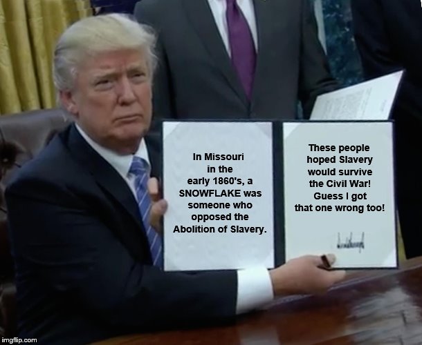 Trump Bill Signing Meme | In Missouri in the early 1860's, a SNOWFLAKE was someone who opposed the Abolition of Slavery. These people hoped Slavery would survive the Civil War! Guess I got that one wrong too! | image tagged in memes,trump bill signing | made w/ Imgflip meme maker