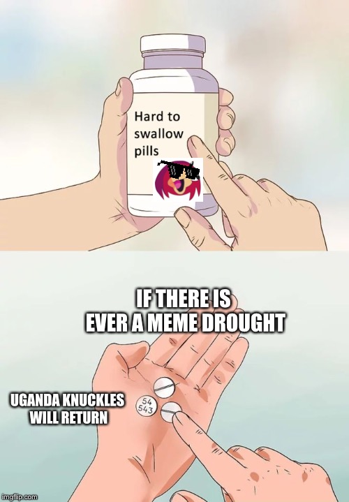 Hard To Swallow Pills Meme |  IF THERE IS EVER A MEME DROUGHT; UGANDA KNUCKLES WILL RETURN | image tagged in memes,hard to swallow pills | made w/ Imgflip meme maker