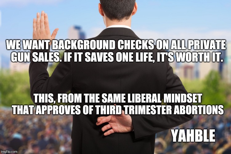 corrupt politicians | WE WANT BACKGROUND CHECKS ON ALL PRIVATE GUN SALES. IF IT SAVES ONE LIFE, IT'S WORTH IT. THIS, FROM THE SAME LIBERAL MINDSET THAT APPROVES OF THIRD TRIMESTER ABORTIONS; YAHBLE | image tagged in corrupt politicians | made w/ Imgflip meme maker