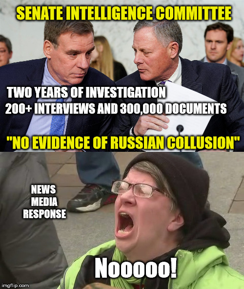 Facts are Stubborn Things   | SENATE INTELLIGENCE COMMITTEE; TWO YEARS OF INVESTIGATION; 200+ INTERVIEWS AND 300,000 DOCUMENTS; "NO EVIDENCE OF RUSSIAN COLLUSION"; NEWS MEDIA RESPONSE; Nooooo! | image tagged in russian collusion,fake news,president trump,angry liberal,maga | made w/ Imgflip meme maker
