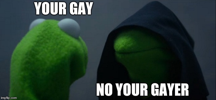 Evil Kermit Meme | YOUR GAY; NO YOUR GAYER | image tagged in memes,evil kermit | made w/ Imgflip meme maker