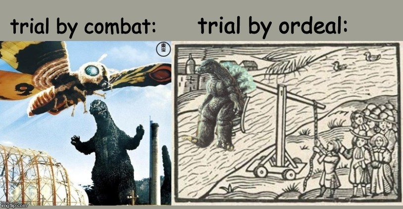 some of the ancient judicial practices used to determine the guilt or innocence of the accused in medieval Europe . . . .  | image tagged in history,memes,godzilla | made w/ Imgflip meme maker