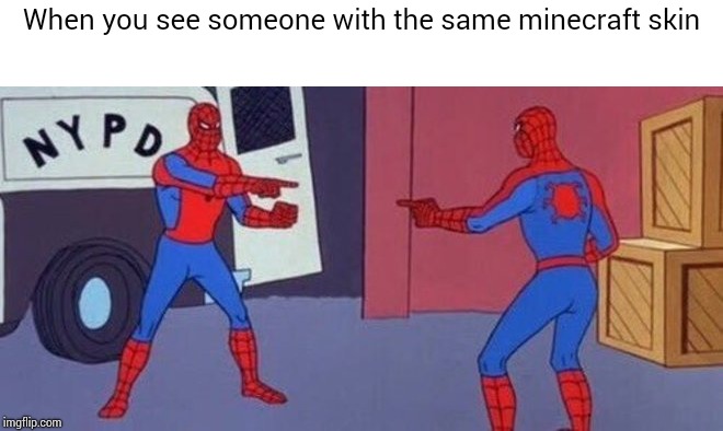 An unoriginal meme | When you see someone with the same minecraft skin | image tagged in double spider-man,memes | made w/ Imgflip meme maker