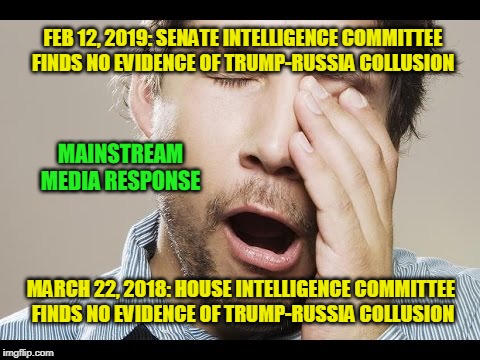Yawn | FEB 12, 2019: SENATE INTELLIGENCE COMMITTEE FINDS NO EVIDENCE OF TRUMP-RUSSIA COLLUSION; MAINSTREAM MEDIA RESPONSE; MARCH 22, 2018: HOUSE INTELLIGENCE COMMITTEE FINDS NO EVIDENCE OF TRUMP-RUSSIA COLLUSION | image tagged in senate intelligence committee,house intelligence committee,mainstream media | made w/ Imgflip meme maker