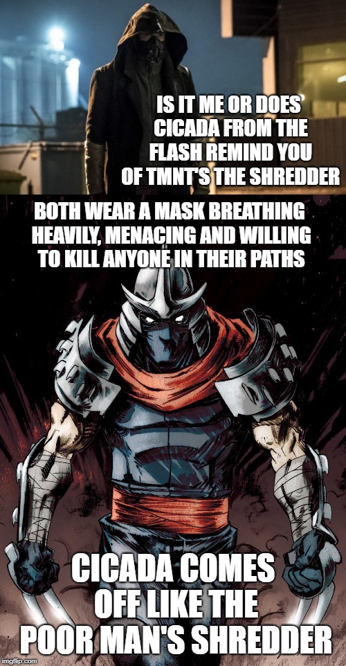 IS IT ME OR DOES CICADA FROM THE FLASH REMIND YOU OF TMNT'S THE SHREDDER; BOTH WEAR A MASK BREATHING HEAVILY, MENACING AND WILLING TO KILL ANYONE IN THEIR PATHS; CICADA COMES OFF LIKE THE POOR MAN'S SHREDDER | image tagged in tmnt,the flash,dc comics,shredder | made w/ Imgflip meme maker