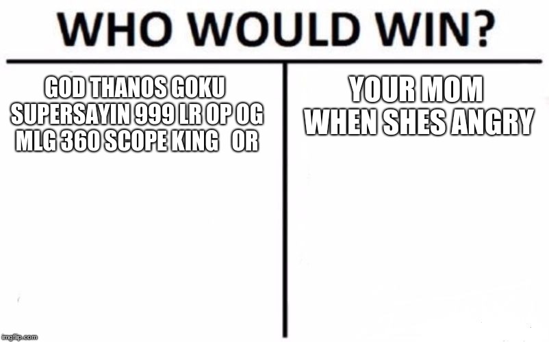Who Would Win? Meme | YOUR MOM WHEN SHES ANGRY; GOD THANOS GOKU SUPERSAYIN 999 LR OP OG MLG 360 SCOPE KING


OR | image tagged in memes,who would win | made w/ Imgflip meme maker
