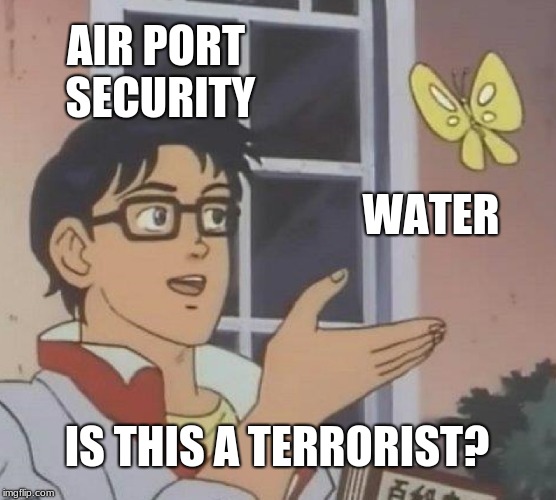 Is This A Pigeon | AIR PORT SECURITY; WATER; IS THIS A TERRORIST? | image tagged in memes,is this a pigeon | made w/ Imgflip meme maker