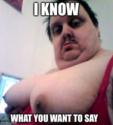 big man boobs | I KNOW WHAT YOU WANT TO SAY | image tagged in big man boobs | made w/ Imgflip meme maker