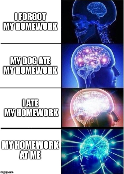 Expanding Brain Meme | I FORGOT MY HOMEWORK; MY DOG ATE MY HOMEWORK; I ATE MY HOMEWORK; MY HOMEWORK AT ME | image tagged in memes,expanding brain | made w/ Imgflip meme maker