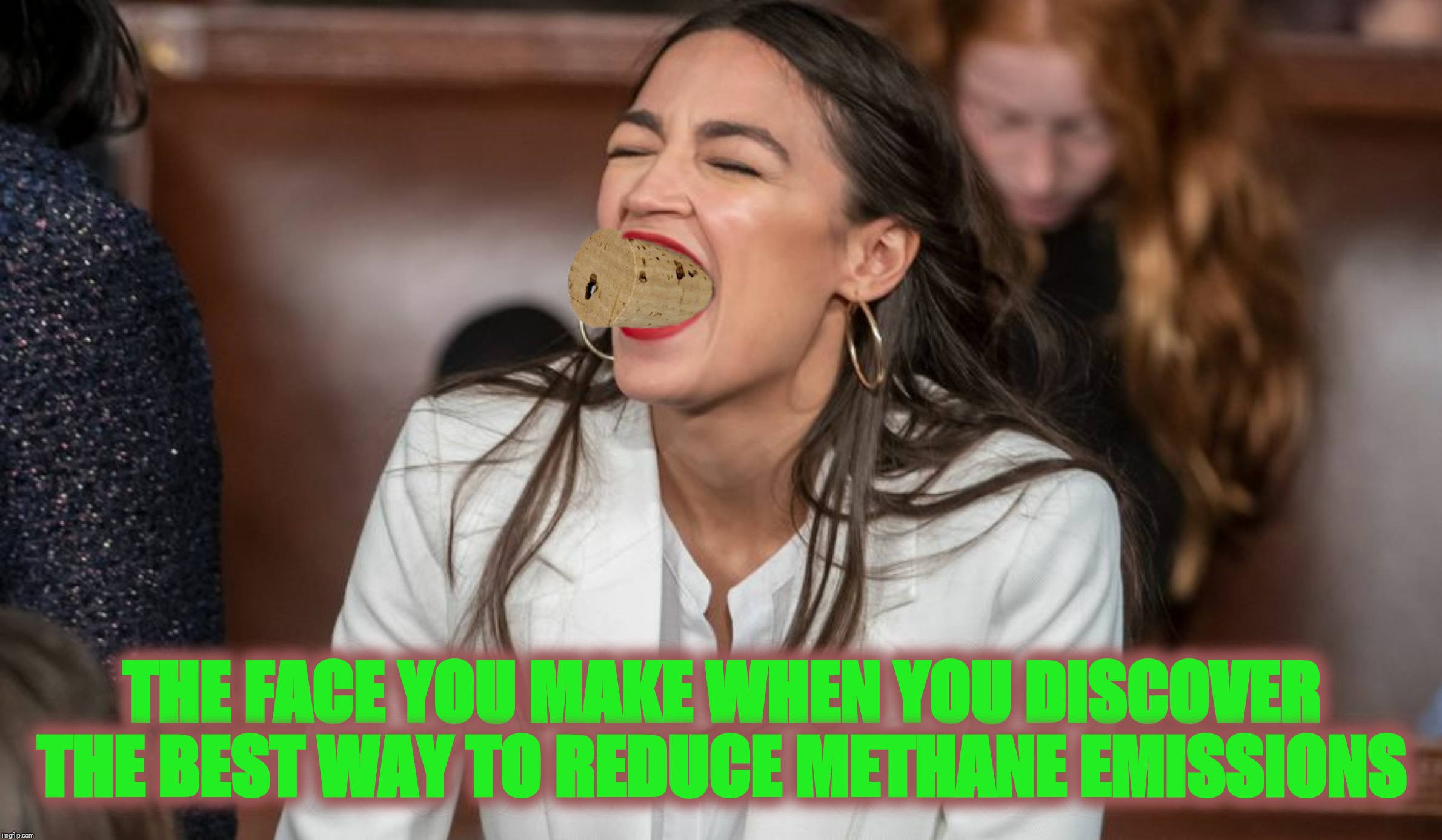 Turns out cow farts are only a small part of the problem | THE FACE YOU MAKE WHEN YOU DISCOVER THE BEST WAY TO REDUCE METHANE EMISSIONS | image tagged in cork,the face you make when,alexandria ocasio-cortez,cow farts,new green deal | made w/ Imgflip meme maker