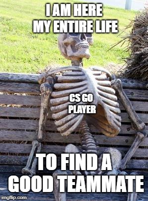 Waiting Skeleton | I AM HERE MY ENTIRE LIFE; CS GO PLAYER; TO FIND A GOOD TEAMMATE | image tagged in memes,waiting skeleton | made w/ Imgflip meme maker