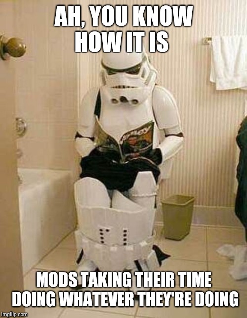 Storm-trooper-sitting-down-to-pee | AH, YOU KNOW HOW IT IS MODS TAKING THEIR TIME DOING WHATEVER THEY'RE DOING | image tagged in storm-trooper-sitting-down-to-pee | made w/ Imgflip meme maker