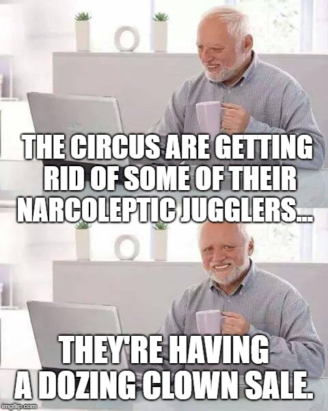 Hide the Pain Harold Meme | THE CIRCUS ARE GETTING RID OF SOME OF THEIR NARCOLEPTIC JUGGLERS... THEY'RE HAVING A DOZING CLOWN SALE. | image tagged in memes,hide the pain harold | made w/ Imgflip meme maker