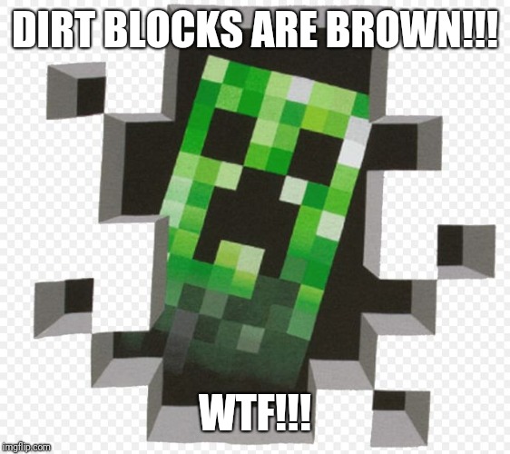 Minecraft Creeper | DIRT BLOCKS ARE BROWN!!! WTF!!! | image tagged in minecraft creeper | made w/ Imgflip meme maker