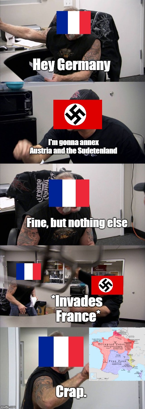 France and Germany Argument | Hey Germany; I'm gonna annex Austria and the Sudetenland; Fine, but nothing else; *Invades France*; Crap. | image tagged in memes,historical meme,wwii | made w/ Imgflip meme maker