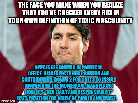 Justin Trudeau is the best | THE FACE YOU MAKE WHEN YOU REALIZE THAT YOU'VE CHECKED EVERY BOX IN YOUR OWN DEFINITION OF TOXIC MASCULINITY; OPPRESSES WOMAN IN POLITICAL OFFICE. DISRESPECTS HER POSITION AND CONTRIBUTION. BONUS 2 FOR 1 GETS TO INSULT WOMEN AND THE INDIGENOUS. MANSPLAINS HOW IT'S "HER FAULT AND RESPONSIBILITY" USES POSITION FOR ABUSE OF POWER AND TRUST. | image tagged in justin trudeau | made w/ Imgflip meme maker