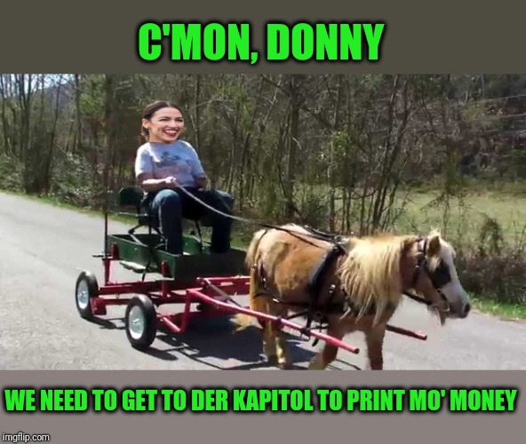 Green New Deal | C'MON, DONNY; WE NEED TO GET TO DER KAPITOL TO PRINT MO' MONEY | image tagged in alexandria ocasio-cortez | made w/ Imgflip meme maker