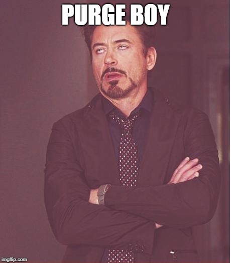 Face You Make Robert Downey Jr Meme | PURGE BOY | image tagged in memes,face you make robert downey jr | made w/ Imgflip meme maker