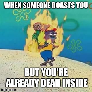 Burning camper | WHEN SOMEONE ROASTS YOU; BUT YOU'RE ALREADY DEAD INSIDE | image tagged in burning camper | made w/ Imgflip meme maker