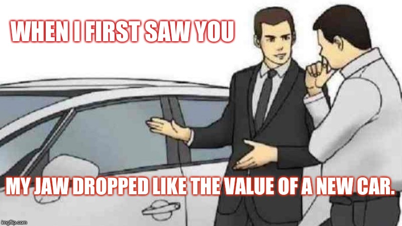 Car Salesman Slaps Roof Of Car | WHEN I FIRST SAW YOU; MY JAW DROPPED LIKE THE VALUE OF A NEW CAR. | image tagged in memes,car salesman slaps roof of car | made w/ Imgflip meme maker