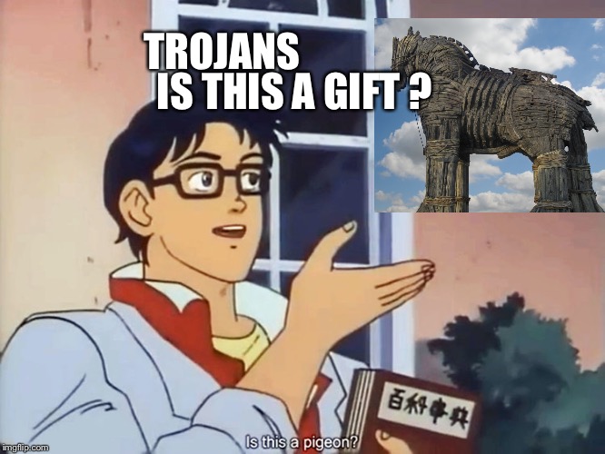 ANIME BUTTERFLY MEME | IS THIS A GIFT ? TROJANS | image tagged in anime butterfly meme | made w/ Imgflip meme maker