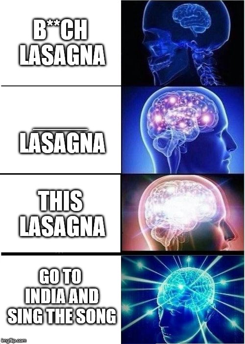 Expanding Brain | B**CH LASAGNA; ____ LASAGNA; THIS LASAGNA; GO TO INDIA AND SING THE SONG | image tagged in memes,expanding brain | made w/ Imgflip meme maker