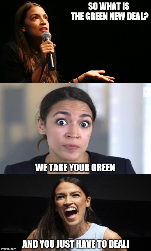 The green new deal explained by Andrea Occasional Cortex. | SO WHAT IS THE GREEN NEW DEAL? WE TAKE YOUR GREEN; AND YOU JUST HAVE TO DEAL! | image tagged in aoc jokes,stupid liberals,green,communist socialist,corruption | made w/ Imgflip meme maker