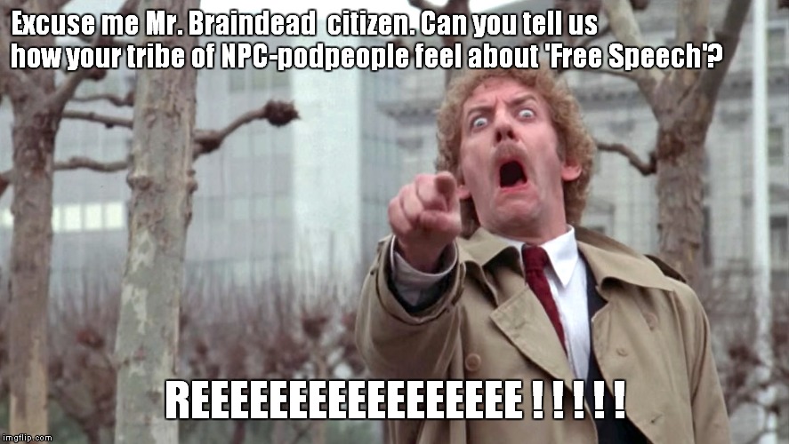 Donald Southerland | Excuse me Mr. Braindead  citizen. Can you tell us how your tribe of NPC-podpeople feel about 'Free Speech'? REEEEEEEEEEEEEEEEE ! ! ! ! ! | image tagged in donald southerland | made w/ Imgflip meme maker