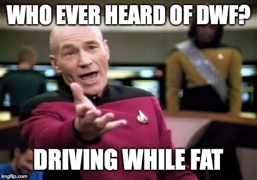 Picard Wtf Meme | WHO EVER HEARD OF DWF? DRIVING WHILE FAT | image tagged in memes,picard wtf | made w/ Imgflip meme maker