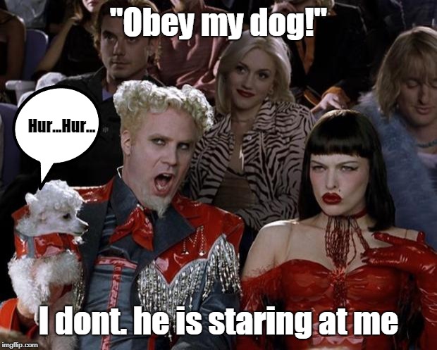 Zoolander | "Obey my dog!"; Hur...Hur... I dont. he is staring at me | image tagged in memes,mugatu so hot right now | made w/ Imgflip meme maker