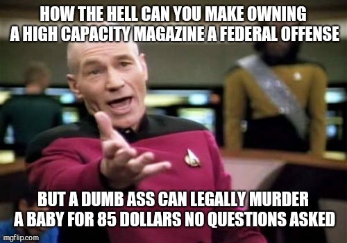 Picard Wtf | HOW THE HELL CAN YOU MAKE OWNING A HIGH CAPACITY MAGAZINE A FEDERAL OFFENSE; BUT A DUMB ASS CAN LEGALLY MURDER A BABY FOR 85 DOLLARS NO QUESTIONS ASKED | image tagged in memes,picard wtf | made w/ Imgflip meme maker