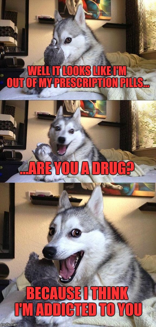 Bad Pun Dog | WELL IT LOOKS LIKE I'M OUT OF MY PRESCRIPTION PILLS... ...ARE YOU A DRUG? BECAUSE I THINK I'M ADDICTED TO YOU | image tagged in memes,bad pun dog,drugs | made w/ Imgflip meme maker