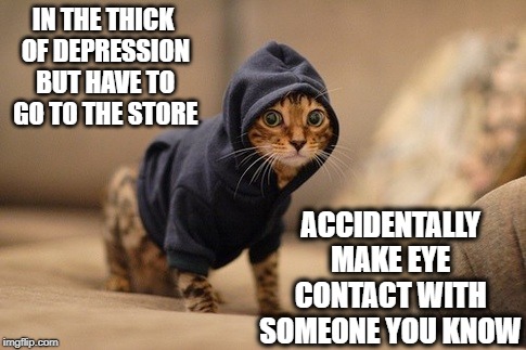 Depression Cat |  IN THE THICK OF DEPRESSION BUT HAVE TO GO TO THE STORE; ACCIDENTALLY MAKE EYE CONTACT WITH SOMEONE YOU KNOW | image tagged in memes,hoody cat | made w/ Imgflip meme maker