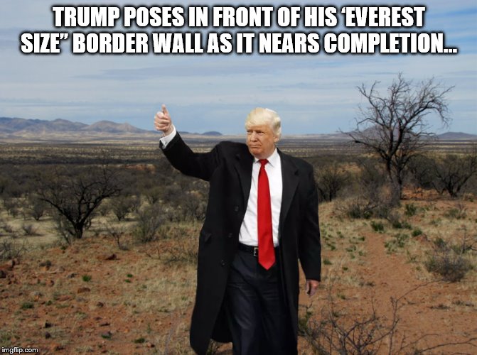 PROMISES KEPT....? | TRUMP POSES IN FRONT OF HIS ‘EVEREST SIZE” BORDER WALL AS IT NEARS COMPLETION… | image tagged in secure the border,donald trump,border wall,jackass | made w/ Imgflip meme maker