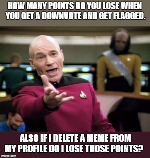 Picard Wtf | HOW MANY POINTS DO YOU LOSE WHEN YOU GET A DOWNVOTE AND GET FLAGGED. ALSO IF I DELETE A MEME FROM MY PROFILE DO I LOSE THOSE POINTS? | image tagged in memes,picard wtf | made w/ Imgflip meme maker