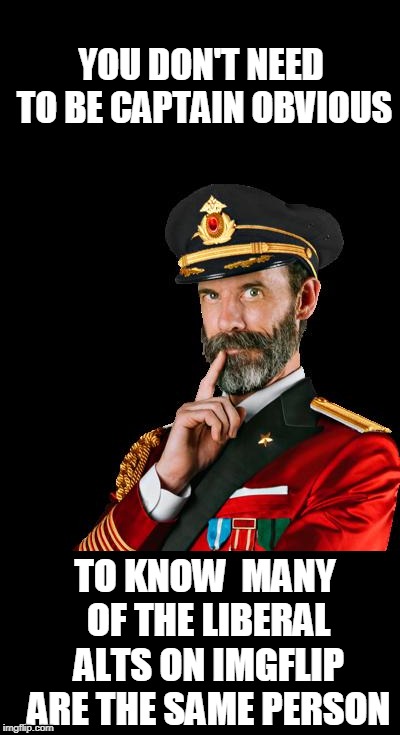 But it is very entertaining  to see.TY | YOU DON'T NEED TO BE CAPTAIN OBVIOUS; TO KNOW  MANY OF THE LIBERAL ALTS ON IMGFLIP ARE THE SAME PERSON | image tagged in captain obvious,alt accounts,trolls | made w/ Imgflip meme maker