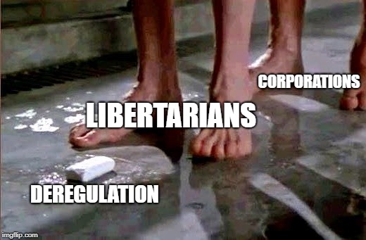 drop the soap | CORPORATIONS; LIBERTARIANS; DEREGULATION | image tagged in drop the soap | made w/ Imgflip meme maker