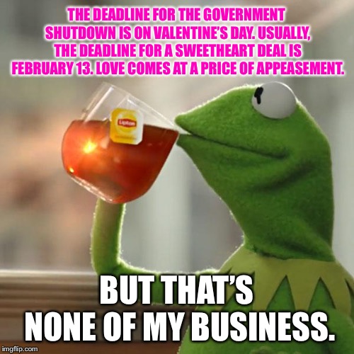Valentine’s Day government shutdown 2019 | THE DEADLINE FOR THE GOVERNMENT SHUTDOWN IS ON VALENTINE’S DAY. USUALLY, THE DEADLINE FOR A SWEETHEART DEAL IS FEBRUARY 13. LOVE COMES AT A PRICE OF APPEASEMENT. BUT THAT’S NONE OF MY BUSINESS. | image tagged in memes,but thats none of my business,kermit the frog,government shutdown,valentine's day,money | made w/ Imgflip meme maker