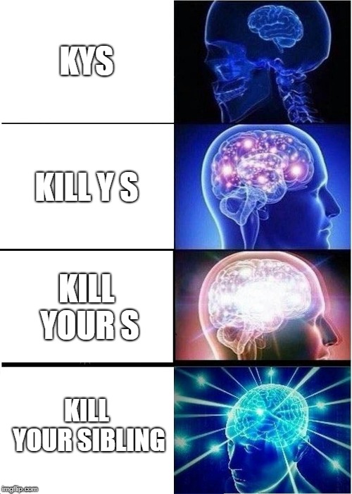 Expanding Brain Meme | KYS; KILL Y S; KILL YOUR S; KILL YOUR SIBLING | image tagged in memes,expanding brain | made w/ Imgflip meme maker