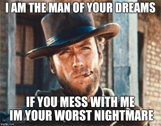 Clint Eastwood | I AM THE MAN OF YOUR DREAMS; IF YOU MESS WITH ME IM YOUR WORST NIGHTMARE | image tagged in clint eastwood | made w/ Imgflip meme maker